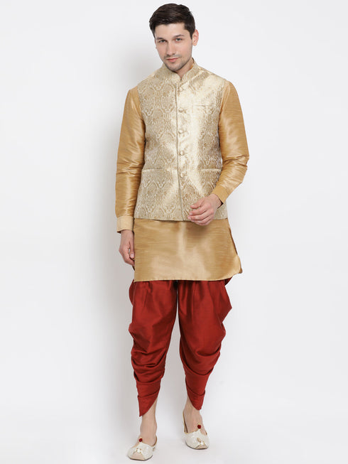 Vastramay Men's Rose Gold Jacquard Jacket With Kurta Dhoti Set